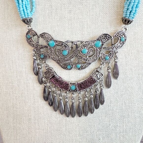 Chunky Boho Southwest Necklace Turquoise Seed Beads Faux Coral Large Pendant - Picture 4 of 10